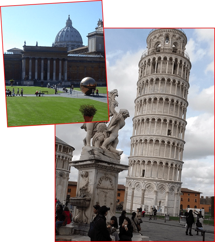 A collage of pictures with the leaning tower in the background.