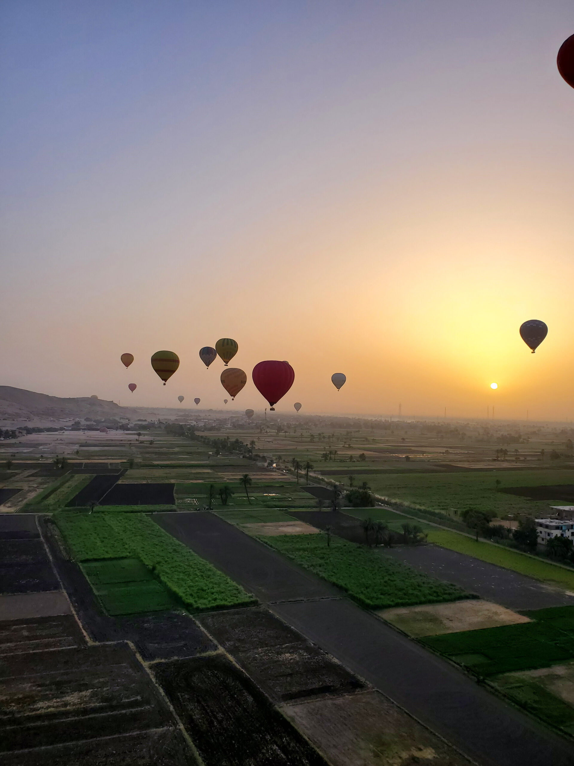 A group of hot air balloons flying over the desert.